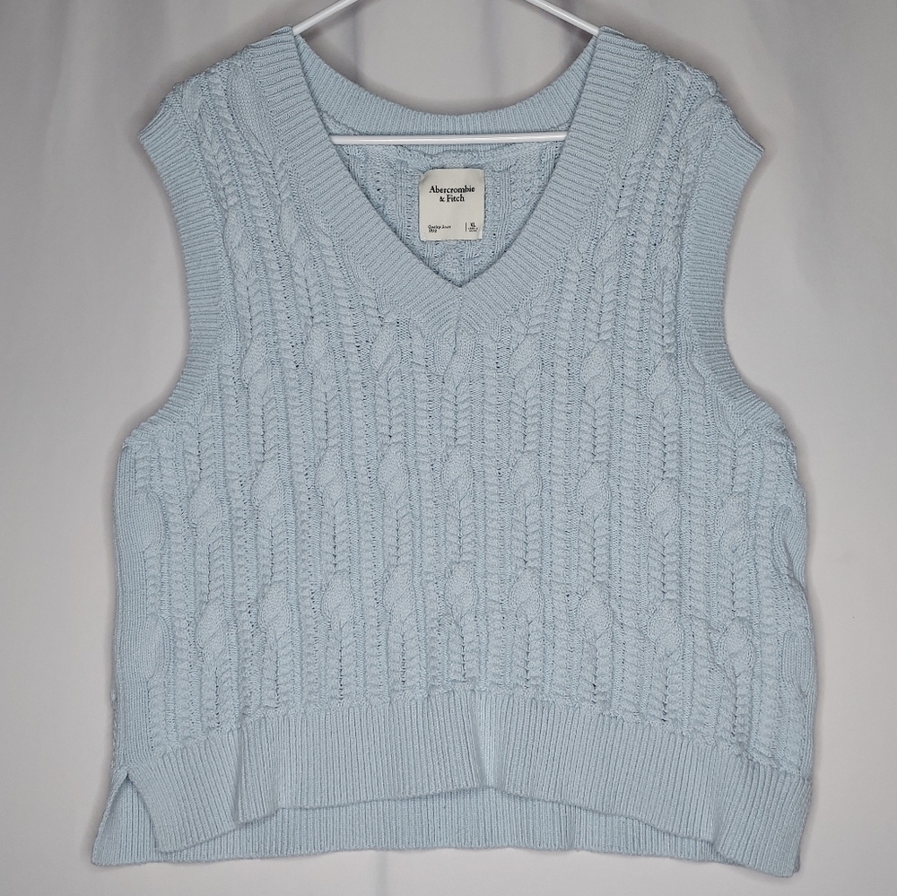 Abercrombie Fitch Crop Cableknit Sweater Vest Women XL Blue Vneck Y2K Academia